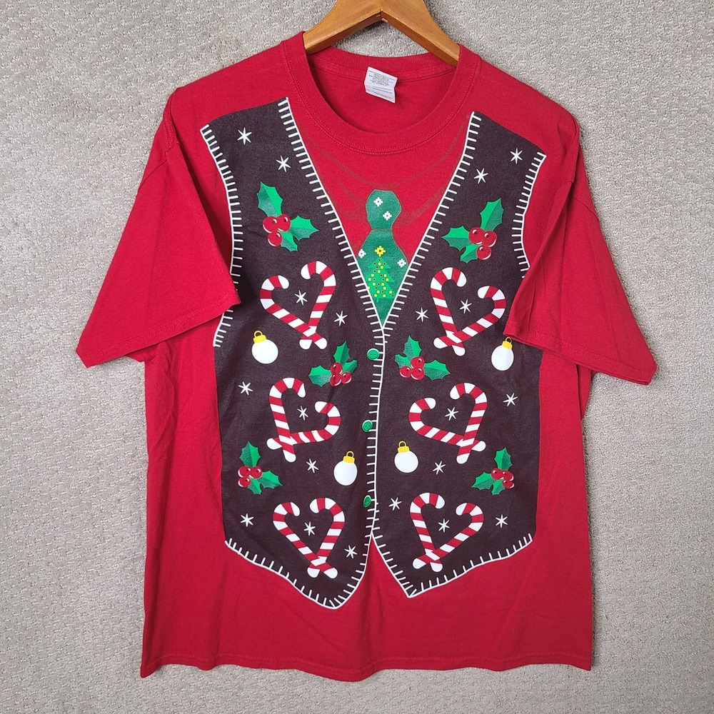 Gildan Shirt Mens XL Red Christmas Ugly Sweater Vest Graphic Cotton Short Sleeve